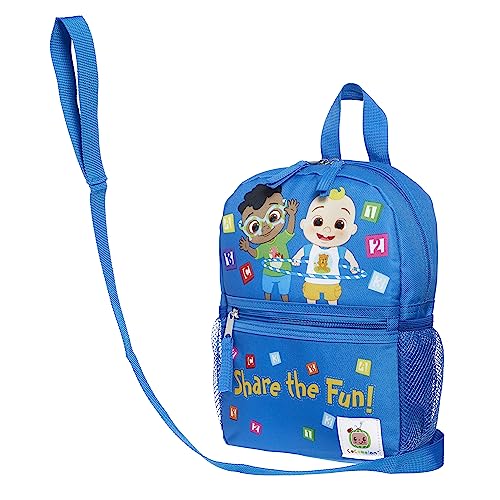 cocomelon kids backpack with safety leash,anti-lost children toddler backpack for boys girls baby (fun blue)