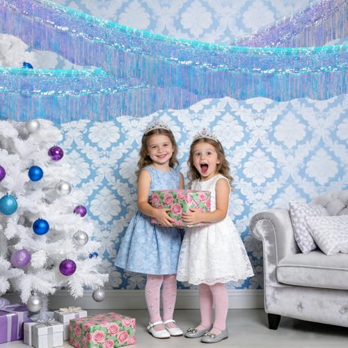 Image of LOLStar Iridescent Blue Foil Fringe Tinsel Garland Streamer Banner, 6 Pack | 60Ft Tinsel Streamers, Shiny Iridescent Blue Wall Hanging Tinsel Fringe Banners for Mermaid, Snow, Sea, Unicorn Party Decor