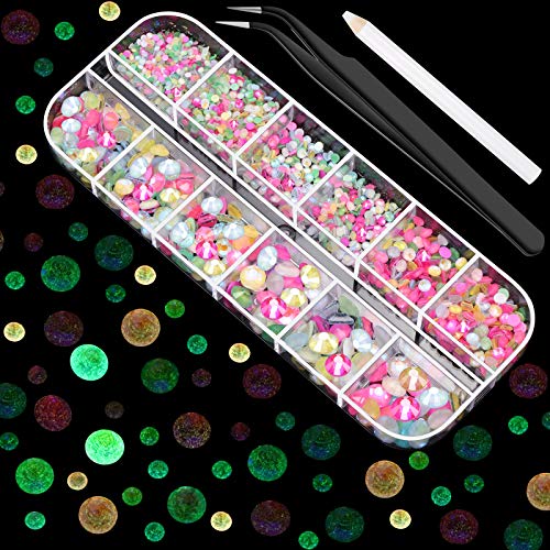 2000 Pieces Flat Back Gems Round Crystal Rhinestones 6 Sizes (1.5-6 mm) with Pick Up Tweezer and Rhinestones Picking Pen for Crafts Nail Face Art Clothes Shoes Bags DIY (Neon Multicolor)