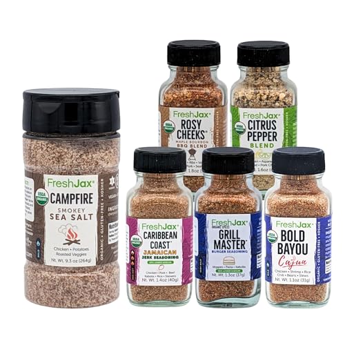 FreshJax Campfire Smokey Sea Salt and Grill Master BBQ Gift Set Bundle | 5 Sampler Sized and 1 Large Bottle | Non GMO, Gluten Free, Keto, Paleo, No Preservative