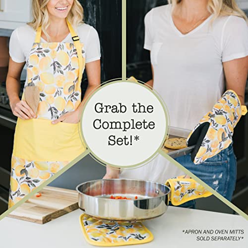 Sage+Stitch Heat Resistant Designer Pot Holders With Hand Pockets And Hanging Loops | Set Of 2 100% Cotton Dual Function Kitchen Pot Holders And Trivets | 7'' X 9'' | Yellow Lemons #TOP6