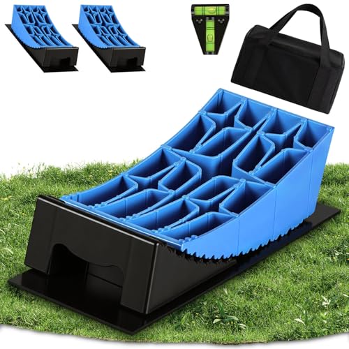 Auffahrkeile für Wohnmobil[2er Set] Unterlegkeile Anhänger für Auto Wohnwagen & Camper[<13 5t]Ausgleichskeile mit 2 Gummimatte 1 Wasserwaage und Tragetasche rutschfestes (Blau)