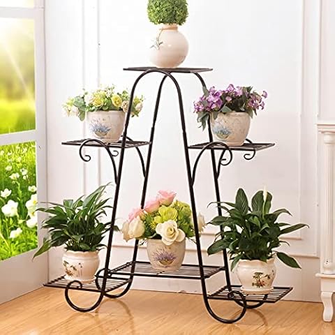 tonchean Metal outdoor Plant Stand 6 Tier Plant Pot Holder Rack Plant Storage Shelf Flower Display Rack for indoor Patio Garden L31.5'' x H29''x W8.3'' (Black) Cover