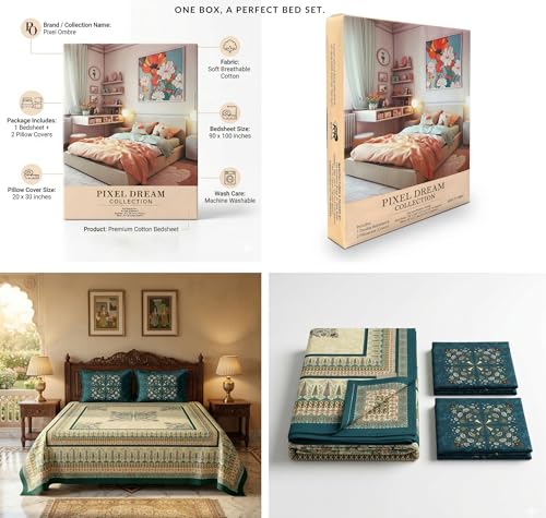 Image of SANMARINO Heritage Collection 280 TC Cotton Double Bedsheet with 2 Pillow Covers (90 x 100 Inches Bedsheet, 20 x 30 Inches Pillow Covers), Soft Breathable Flat Bed Sheet for King Bed-Emerald Green