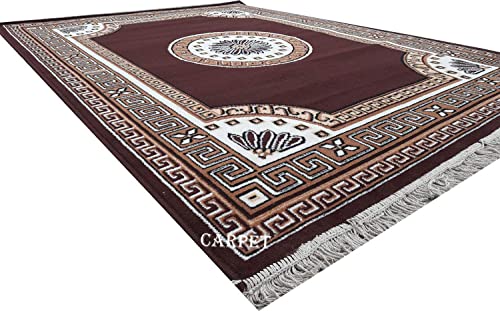Image of Gold Area Rug with Greek Key Border and Floral Centre (Brown, 6x8)