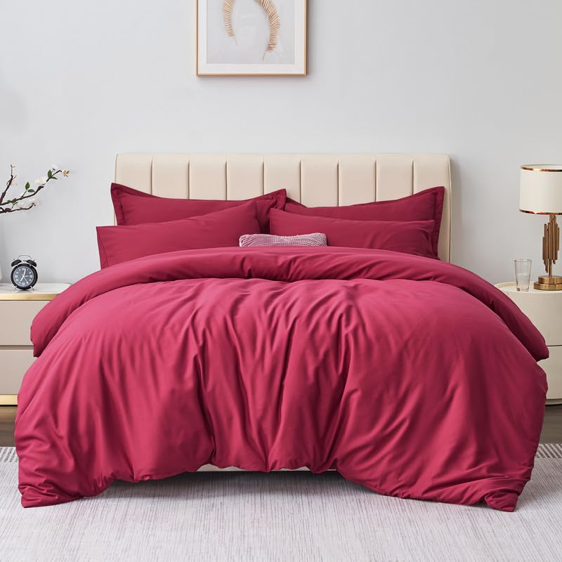Aisbo Super King Duvet Covers Set Red - 3Pcs Superking Size Bedding Set Soft Brushed Microfiber Quilt Cover with 2 Pillowcases