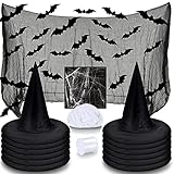 LINAYE Witch Hat XXL Kit - Halloween Decorations Including 12 PCS Black Witch Hats, 16 PCS 3D Bats, Spider Web, Creepy Cloth, Hanging Rope - Costume Headwear