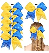 6PCS 8" Large Cheer Hair Bows Ponytail Holder, Rhinestones Cheerleader Bows with Elastic Band Hai...