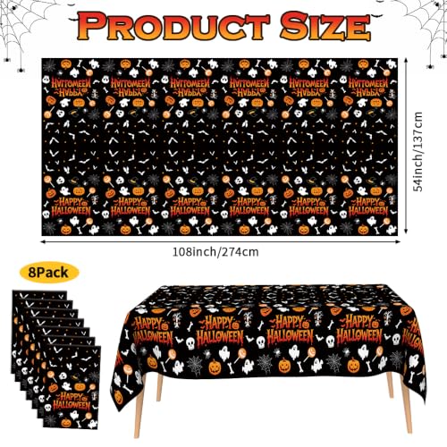 Image of Halloween Tablecloth Party Decorations - 8 PCS Happy Halloween Tablecloth Disposable, Plastic Black and Orange Pumpkin Ghost Table Cloth Cover Rectangle for Halloween Party Decor Supplies, 54 inch x 108 inch