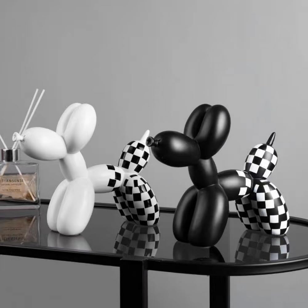 Escultura Perro Globo a Cuadros, Estatua de Resina, decoración para el hogar y la Oficina, para Sala de Estar, Dormitorio, Escritorio, 21 x 18 x 9 cm, Juego de 2 Piezas en Blanco y Negro