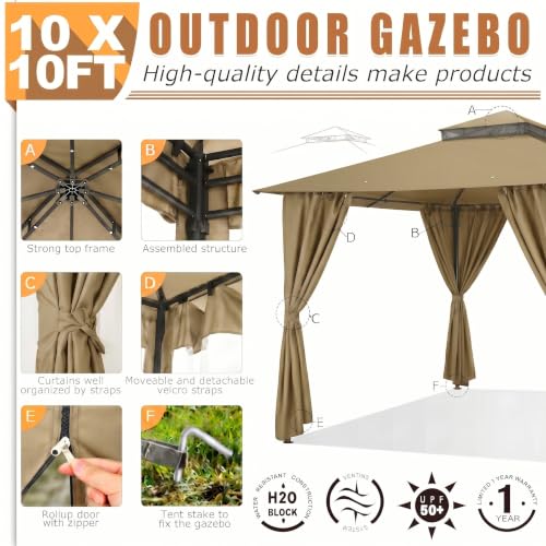 Image of COBIZI 10x10 FT Outdoor Gazebo, Soft Top Patio Gazebo with Ventilated Double-Tier Roof, Heavy-Duty Metal Frame Canopy with Removable Privacy Curtains for Backyard, Garden, Lawn, Khaki