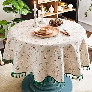 DINGC Round Tablecloth Floral Print Cotton Linen, Round Table Cloth Tassel Washable, Round Tablecloth Decorate Wipe Clean used of Dining Table, Living Room, Picnic 150cm/59in (Beige), Green Tassel