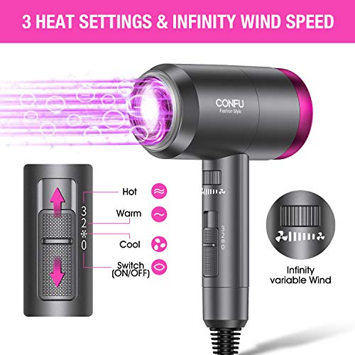 Ionic Hair Dryer, Confu 1800W Portable Lightweight Blow Dryer, Fast Drying Negative Ion Hairdryer Blowdryer, 3 Heat Settings & Infinity Speed, With Diffuser And Concentrator Nozzle For Home & Travel #TOP3