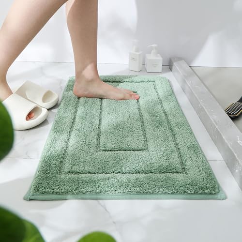 Makuru バスマット 洗える 速乾 大判 人気 おしゃれ マイクロファイバー お風呂マット 足拭 滑り止め 吸水 洗面所 浴室 キッチン ドア あしふきマット 玄関 お風呂用品 (グリーン, 60x40cm)