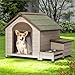 Zefvkip Outdoor fir Wood Dog House with an Open roof Ideal for Small to Medium Dogs. with Storage Box, Elevated Feeding Station with 2 Bowls. Weatherproof Asphalt roof and Treated Wood.