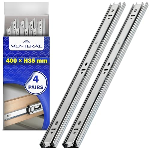 4 Pares Guias Correderas para Cajones con Rodamiento de Bolas 400 mm x H 35 mm - Rieles para Cajones Telescopicas de Extensión Total - Garantía de 10 Años - MONTERAL