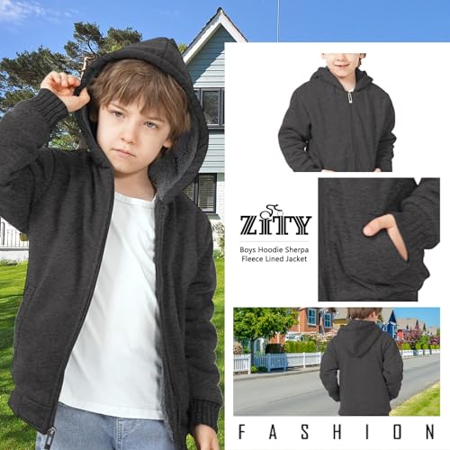 Image of ZITY Boys Zip Up Hoodie Fleece Jacket Kids Sherpa Lined Sweatshirts Outerwear Unisex Warm Winter Coat 6-15 Years Old