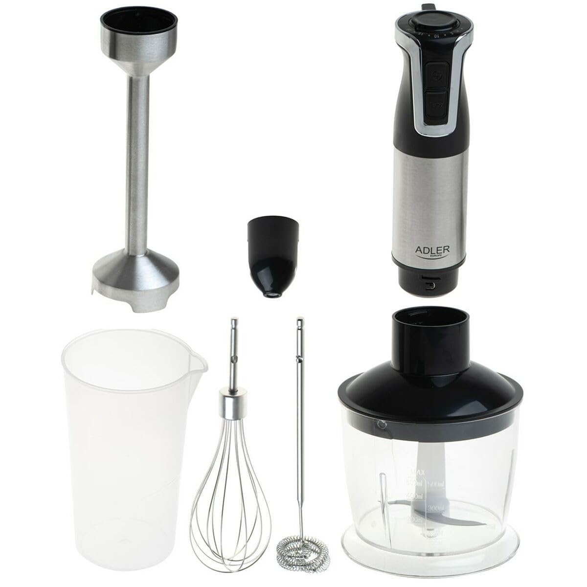 ADLER EUROPE Mixeur Plongeant AD 4627 – 1800 W de puissance, 20 vitesses avec fonction Turbo – 4 lames en acier inoxydable, hachoir 600 ml, verre doseur 700 ml, fouet, mousseur à lait