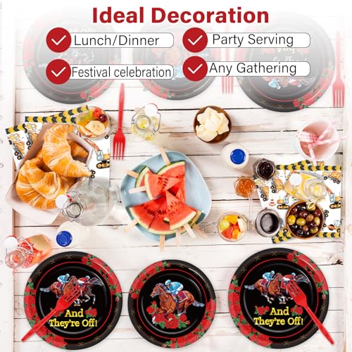 Image of Qyeahkj 100PCS Derby Day Plates and Napkins Party Supplies Horse Racing Tableware Set Kentucky Party Decorations Favor Racing Horse Roses Dinner Plates for Derby Day Celebrations Serves 25