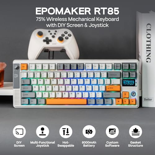 Image of EPOMAKER RT85 Wireless Mechanical Keyboard with Joystick & DIY Screen, 8000mAh, BT /USB /2.4Ghz, Gasket, Hot-Swap, PBT Keycap, 75% Gaming Keyboard (Retro White, Wisteria Linear)