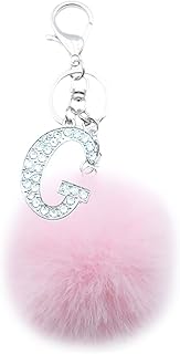 سلسلة مفاتيح بوم بوم من اكس اس سي ال بومدي باللون الزهري الصناعي الناعم على شكل حقيبة شعر الارنب مع قلادة على شكل كرة مع حرف A-Z لتزيين شنطة اليد