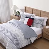Tommy Hilfiger - Full/Queen Comforter Set, Cotton Textured Bedding with Matching Shams, Medium Weight Bed Set, Oeko-TEX Certified (Bold Stripe Grey)