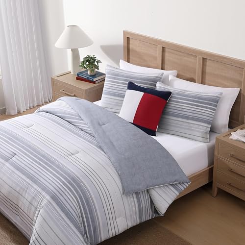 Tommy Hilfiger® Bettwäsche-Set für Doppelbett, strukturierte Baumwolle mit passendem Kissenbezug, mittelschweres Bettwäsche-Set, Oeko-Tex-Zertifiziert, Grau (gestreiftes Grau)