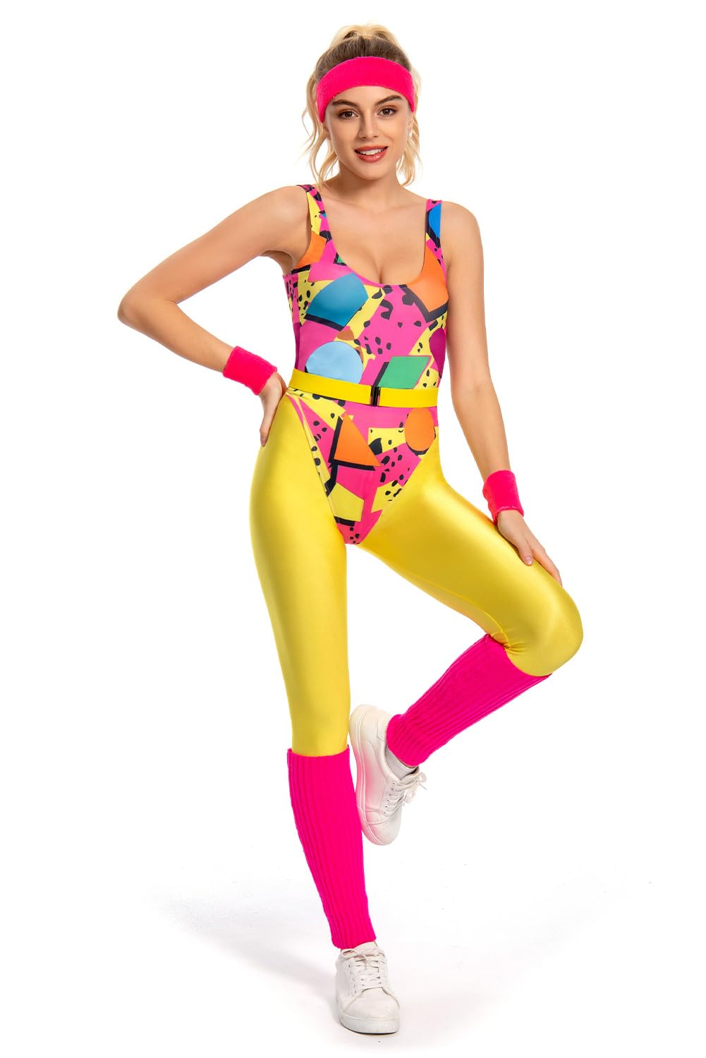 MASSWOWomens Aerobics Costume 80s Workout Outfit 90s Accessories Set Retro Jogging Suit Waist Bag Gym Yoga Running