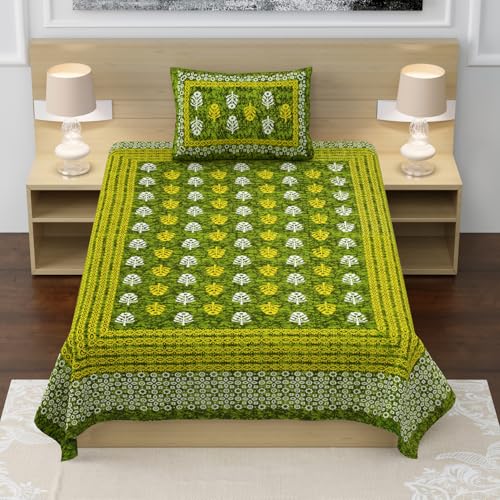 Image of RajasthaniKart Pure 100% Cotton Single Bed Sheet with 1 Pillow Cover (Bedsheet for Single Bed Cotton, Green Small Booty)