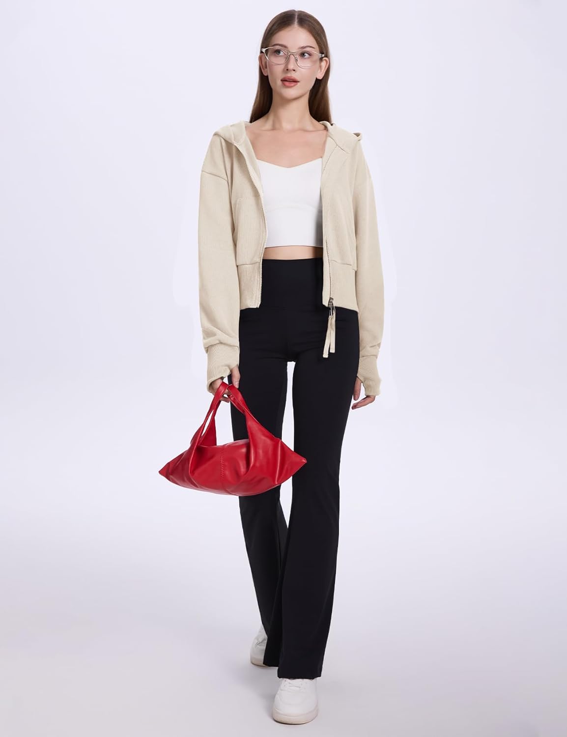 Flygo Women's Cropped Zip Up Hoodie Long Sleeve Drop Shoulder Sweatshirts Casual Ribbed Hem Workout Top Jacket with Pockets - Image 6