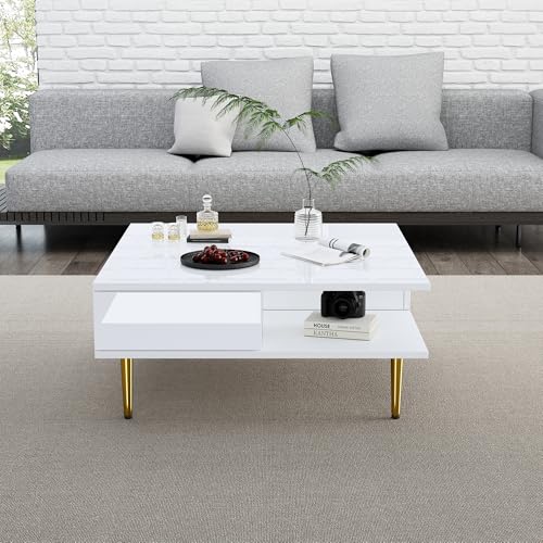 XPSSJMU Table Basse carrée laquée Blanche Brillante avec Deux tiroirs, Deux Compartiments Ouverts et Pieds dorés – 70 x 70 x 36 cm – Charge maximale :...