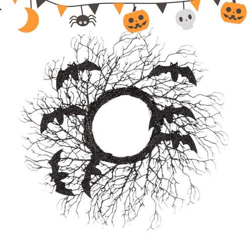 Xijobido Corona de Halloween para Puerta | Corona Artificial De Ramas con Murciélagos - Decoración Gótica Exterior de Guirnalda para Puerta Principal Pared Marco de Ventana Sala de Estar Armario