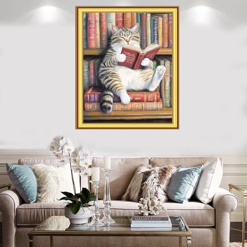 Image of Foxnyart Stamped Cross Stitch Kits Full Range of Embroidery Needlework Starter Kits for Beginners Adults 11CT Embroidery Patterns Art Crafts DIY Needlepoint Kit-Bookshelf cat Reading 16x20 inchs