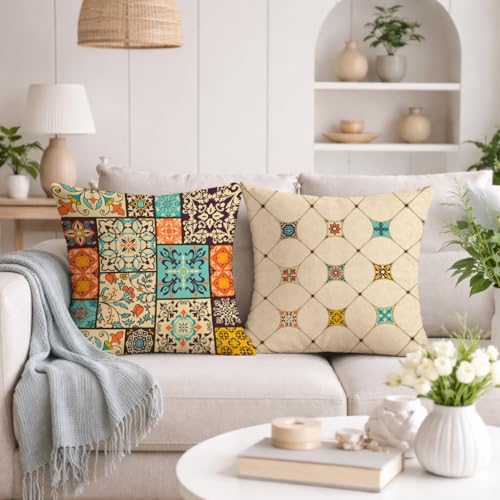 STITCHNEST Set of 2 Polycotton Cushion Covers – 24x24 Inches – Moroccan Tile Patchwork Print – Ethnic Decorative Cushion Covers for Sofa & Living Room | Perfect for Home Decor