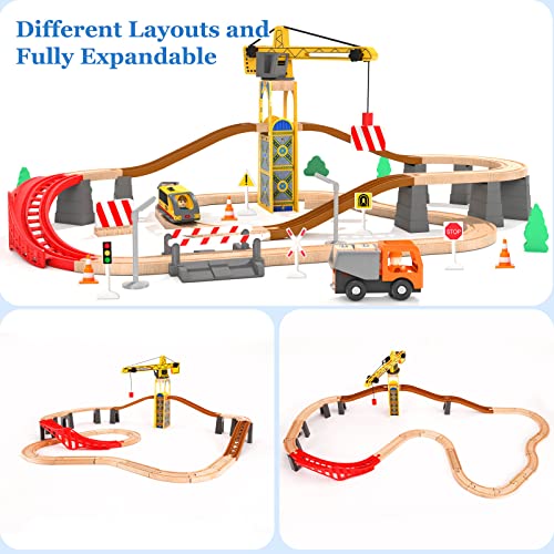 Giant Bean Tower Crane Wooden Train Set, 72Pcs Toy Battery Operated Train Track For Boys And Girls 3-7, Fit Thomas The Train, Brio, Melissa & Doug #TOP6