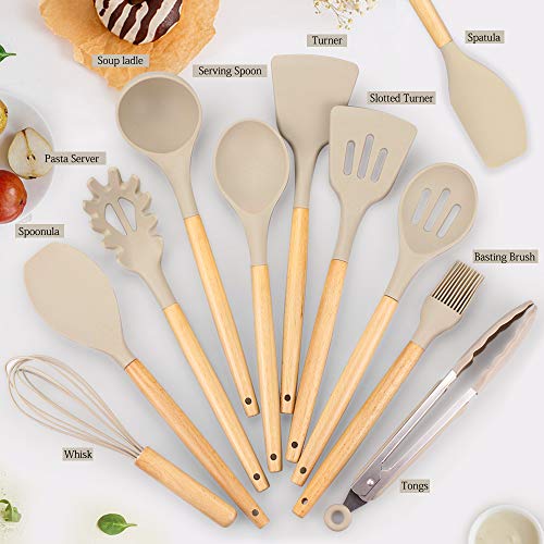 Silicone Kitchen Cooking Utensil Set, EAGMAK 16PCS Kitchen Utensils Spatula Set with Stainless Steel Stand for Nonstick Cookware, Non-Toxic Cooking Utensils, Kitchen Tools Gift (Light Brown)