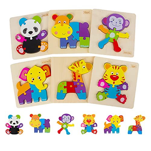 Wooden Animal Puzzles for Toddlers 2 3 4 Years Old, Boys & Girls Educational Toys Gift with 6 Animals Patterns, Bright Vibrant Color Shapes