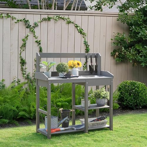 Psilvam Potting Bench, Poly Lumber Potting Table with Removable Stainless Steel Sink and Open Shelves, All-Weather Garden Table Work Station, Planting Table for Garden, Patio and Lawns (Grey)