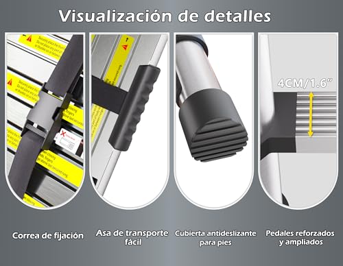 Miniatura 7 de Escalera Telescópica De Acero Inoxidable, 3,8m Escalera Plegable Portátil, Escalera Extensible Con Patas Antideslizantes, Ideal Para Áticos, Techos, Autocaravanas, Decoración Y Mantenimiento
