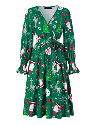 KOJOOIN Damen A Linie Kleider Weihnachtskleid Festliches Partykleid Casual Knielang Swing Abendkleid Freizeitkleider（Verpackung MEHRWEG）,Grün,M