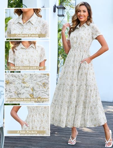 Image of Kranda Women 2026 Summer Collared V Neck Short Sleeve Button Down Chiffon Long Tiered Floral Maxi Dress with Pockets