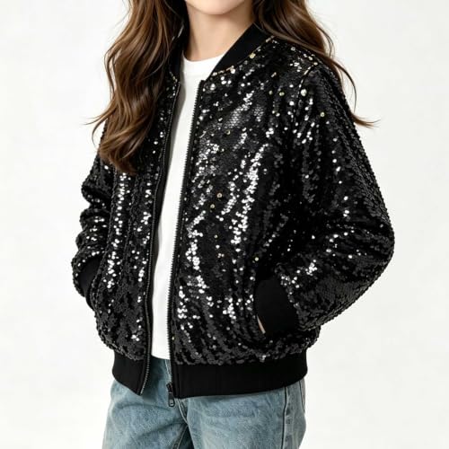 Girls Sequin Jacket Lightweight Sparkle Long Sleeve Zipper Bomber Jackets - image 5