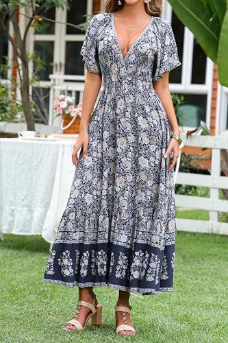 Image of R.Vivimos Women's Summer V Neck Maxi Dress Boho Floral Print Short Sleeve Elastic Waist Ruffle Patchwork A-Line Beach Dress