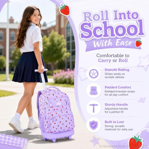 Image of 3Pcs Rolling Backpack for Girls Women, Travel Roller Backpacks with Wheels for Adults, Teens College Strawberry Wheeled Bookbag with Lunch Box (Purple)