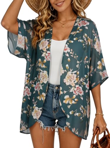 Image of FINOCEANS Womens Floral Chiffon Kimono Cardigans Loose Beach Cover Up Half Sleeve Tops