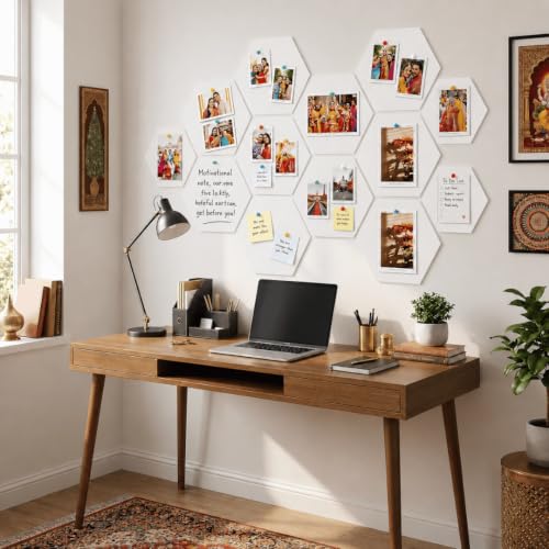 Image of Quiet Canvas Hexagon Pinboard, 1x1 ft, Pack of 8, 50 PushPins, (White)