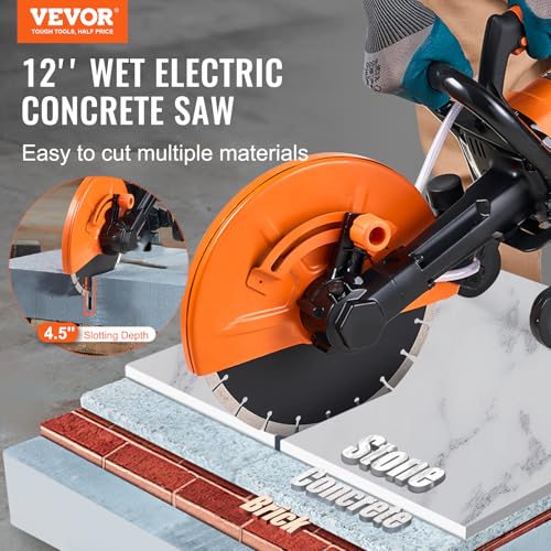 Image of VEVOR Electric Concrete Saw, 12 in, 1800 W Motor Circular Saw Cutter with Max. 4.5 in Adjustable Cutting Depth, Wet Disk Saw Cutter Includes Water Line, Pump and Blade, for Stone, Brick