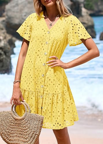 Image of KIRUNDO Eyelet Dresses for Women Button Down Mini Babydoll