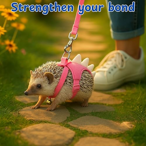 Image of Hedgehog Leash and Harness Clothes Accessories, Adjustable Leash and Harness with Safe Bell, Dinosaur Shaped Outfit, Hamster Clothes For Ferret Hamster, Hedgehog Accessories, Guinea Pig Outfits (Pink)