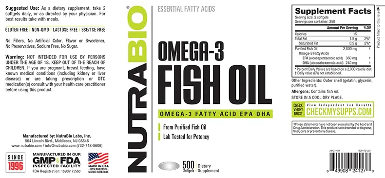 NutraBio Omega 3 Fish Oil Supplement for Cardiovascular Health - 500 Softgels - Image 6